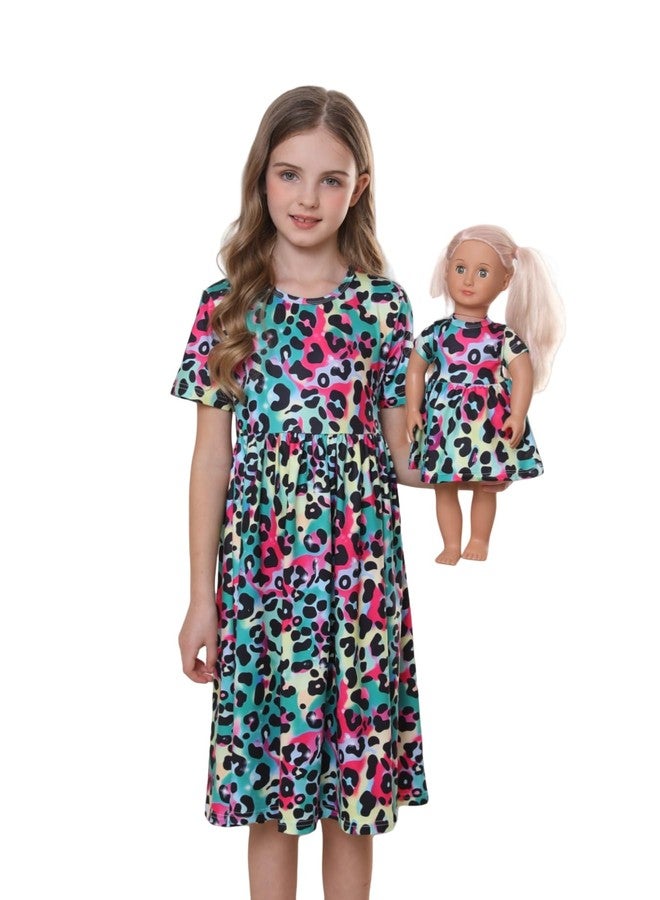 Bow Dream Girls Dress and Matching Doll Clothes Accessories for Girls Short Sleeve Leopard Kids Dress Size 110 - Image 1